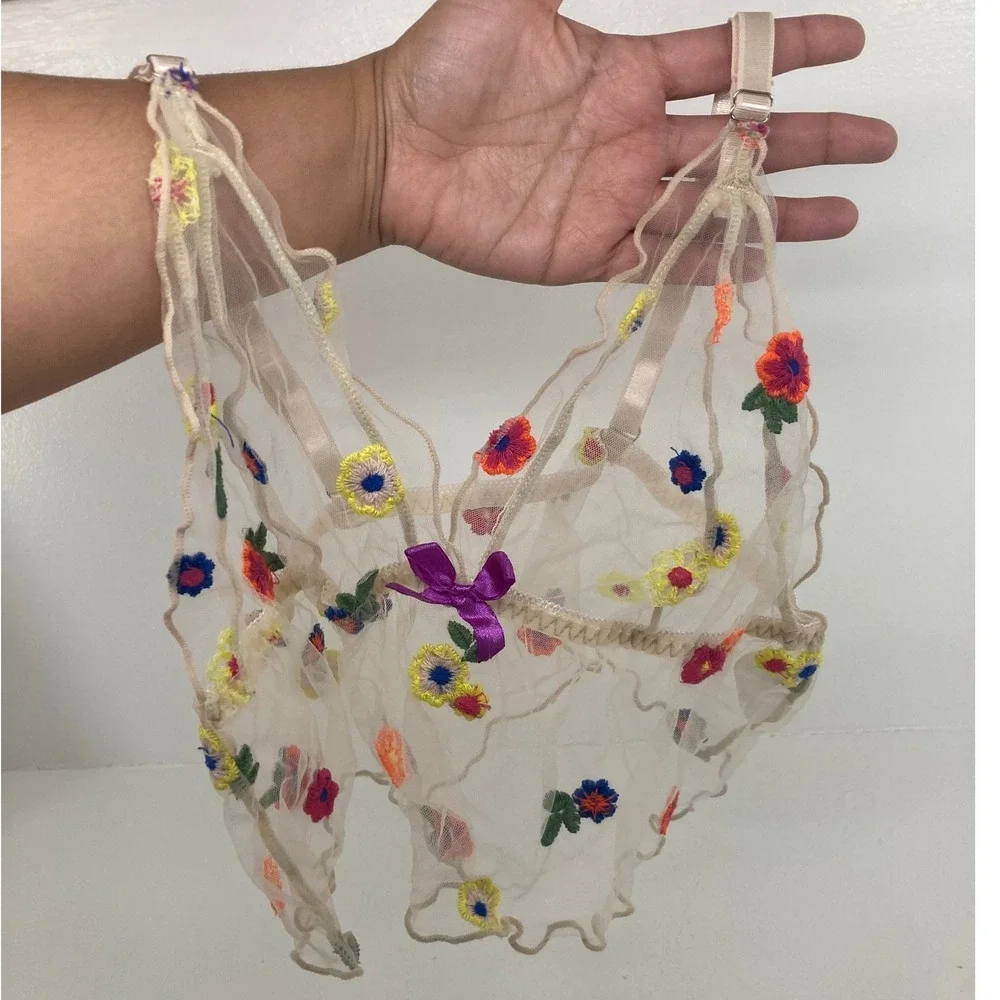 Coachella Music Festival‎ Sheer Bralette Embroidered Wildflowers Fairycore Twee